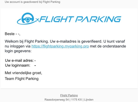 Welkom bij Flight Parking! Uw inlog gegevens