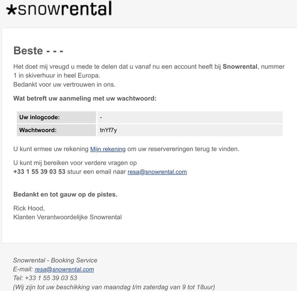 Snowrental - Uw inloggegevens