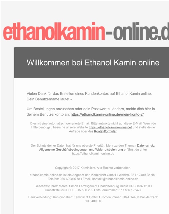 Ihr Benutzerkonto bei Ethanol Kamin online