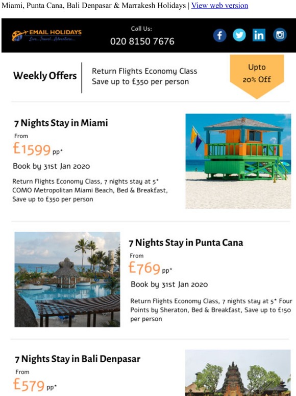 Its Never Too Late: Save Upto £350 on Holidays to Miami, Punta Cana, Bali Denpasar & Marrakesh