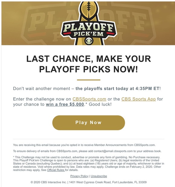 Cbs Sports Hours Left To Make Playoff Picks For Cash Milled