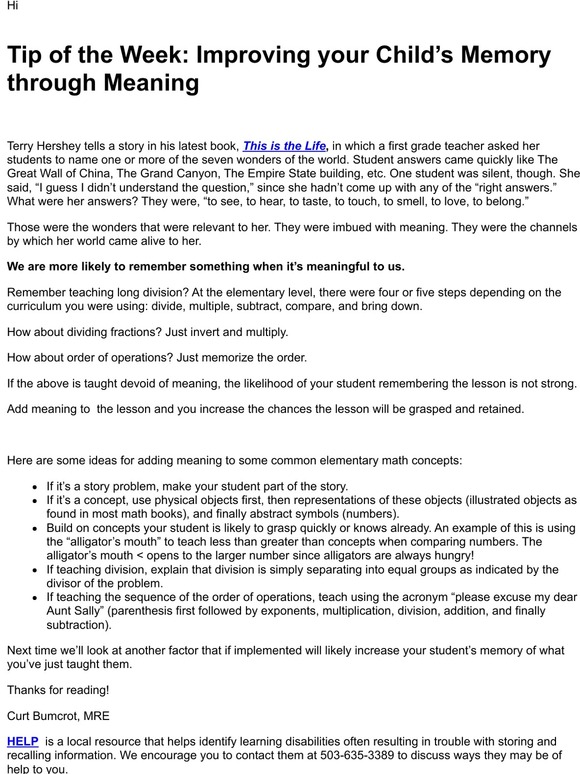 Tip of the Week: Improving your Child's Memory through Meaning