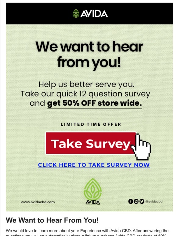 We Want To Hear From You! 50% OFF Survey.