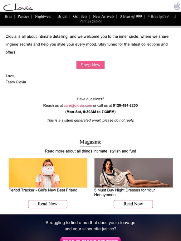 Thanks for signing up for Clovia's newsletter. Stay updated on offers & new releases!