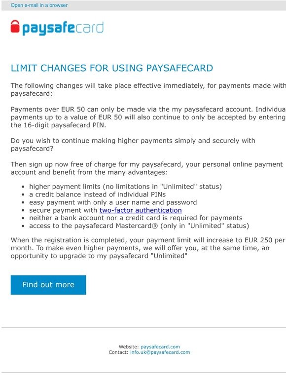 Limit changes for using paysafecard
