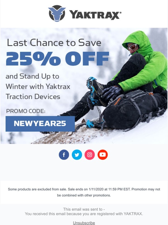 Last Chance to Save 25% and Stand Up to Winter With Yaktrax Traction Devices.