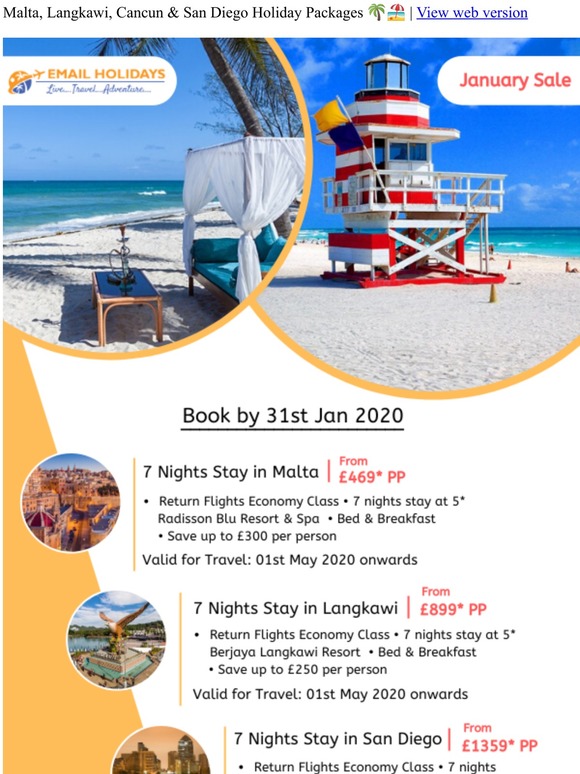 January Sale: Save Upto £300pp for Holidays to Malta, Langkawi, Cancun & San Diego