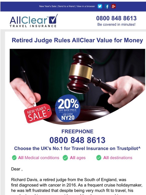 Retired Judge rules AllClear Travel Insurance value for money!