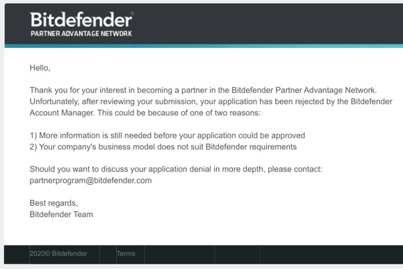 Bitdefender partnership application rejected by the Account Manager