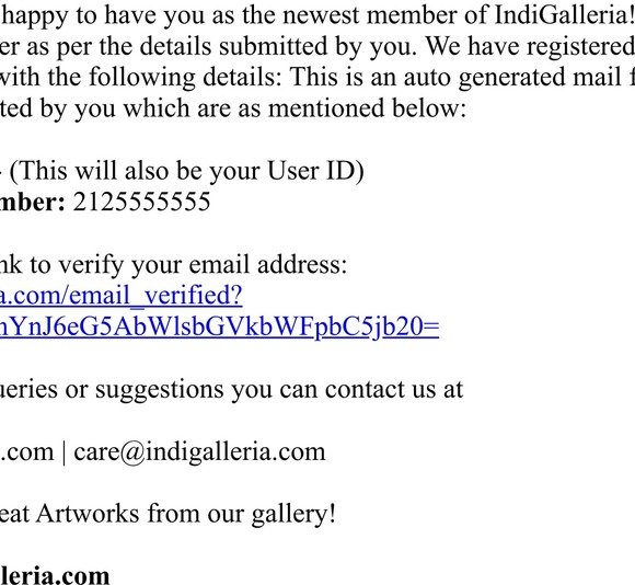 Acknowledgement of registration with IndiGalleria