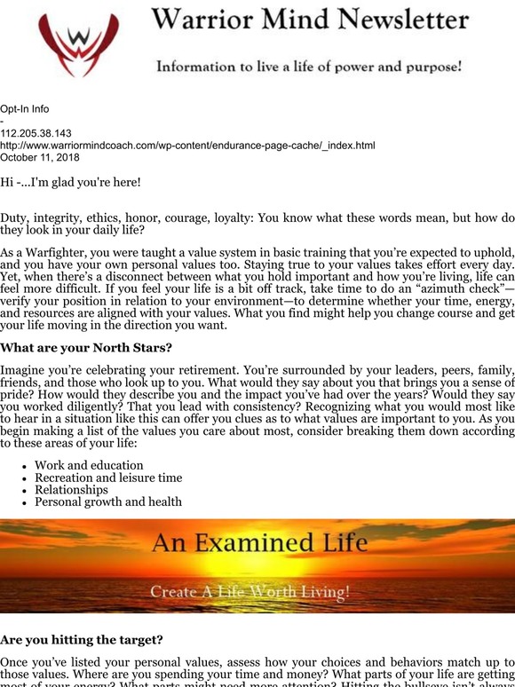 -Warrior Mind Newsletter: Are You Living Your Values? 