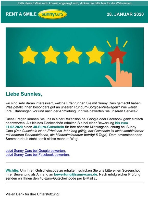 Sunny Cars bewerten und 40 Euro-Gutschein sichern! ✅