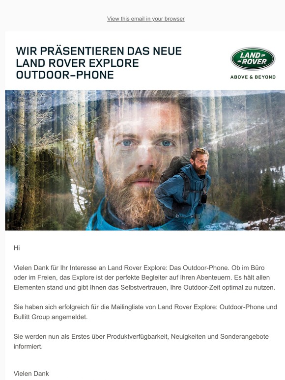 Vielen Dank für Ihre Registrierung bei Land Rover Explore: Outdoor-Phone