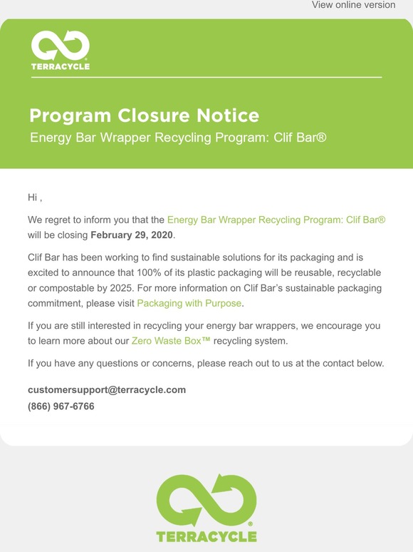 TerraCycle: Program Closure Notice | Energy Bar Wrapper Recycling ...