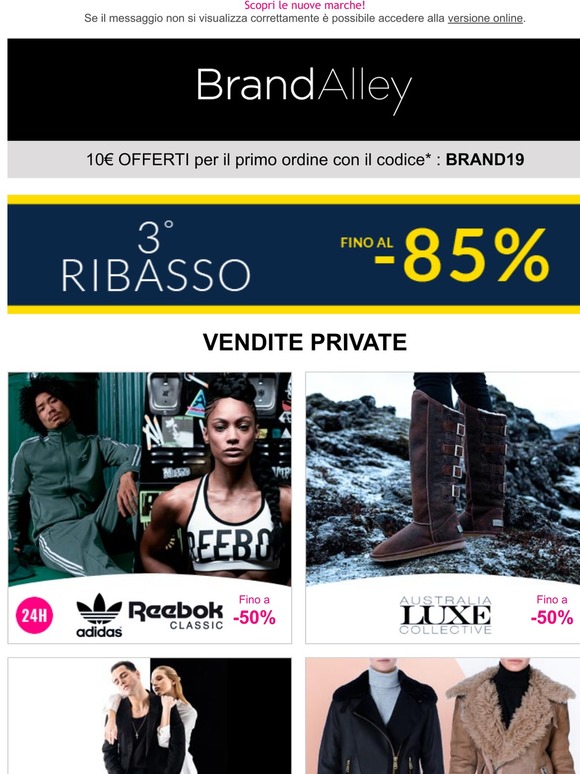 Adidas Reebok (-50%), Australia Luxe (-50%), Max and Zac London (-75%), Black & White (-85%), RNT23 (-70%) e altre 3 vendite online