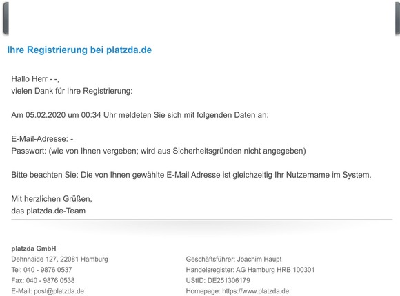 Ihre Registrierung bei platzda.de
