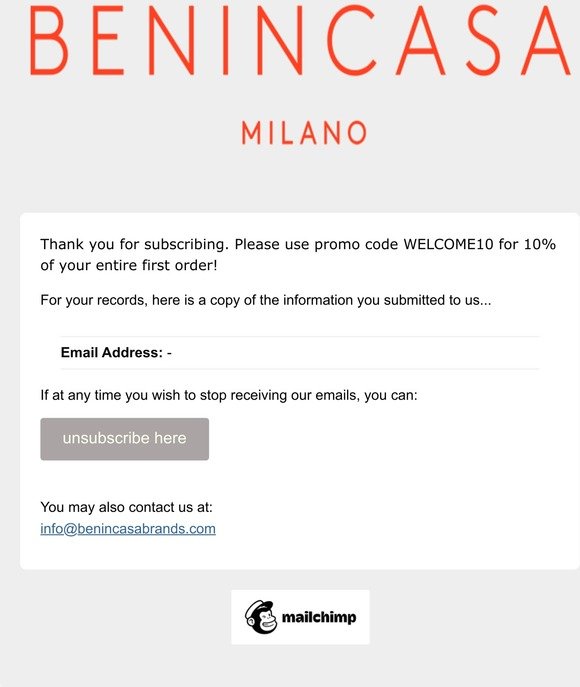 Benincasa Milano: Subscription Confirmed 