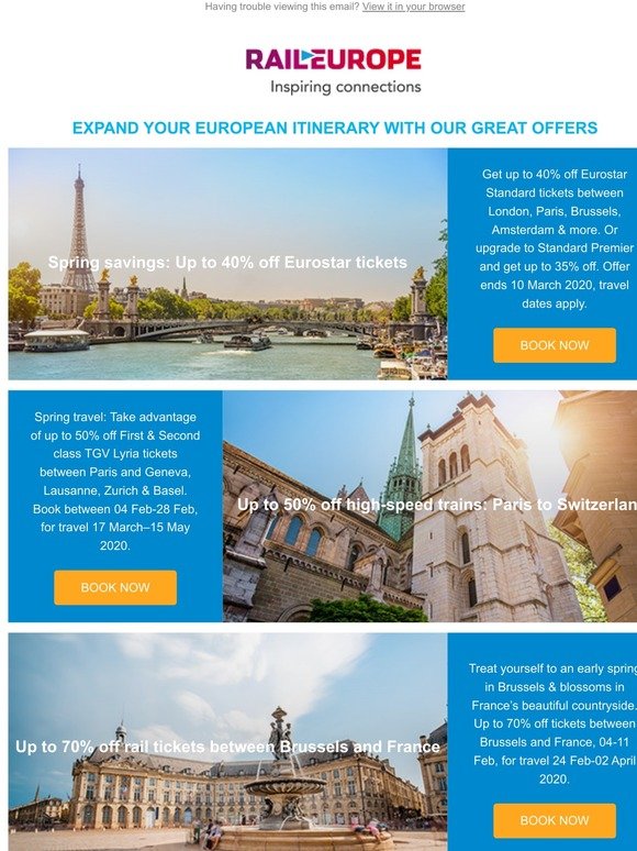 Up to 70% off many European train routes this spring 🚄