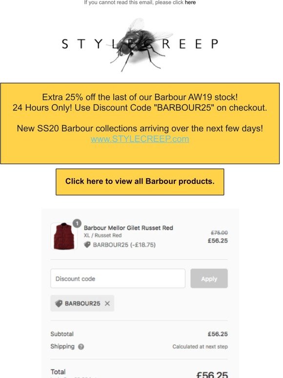 25% off Barbour Sale Stock 24 Hours Only!  @Stylecreep