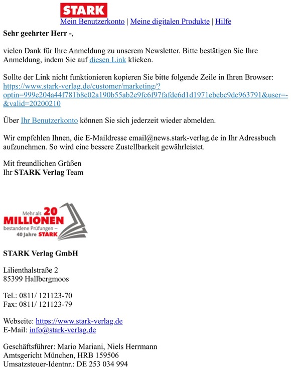 STARK Verlag: Bestätigung für Newslettermpfang