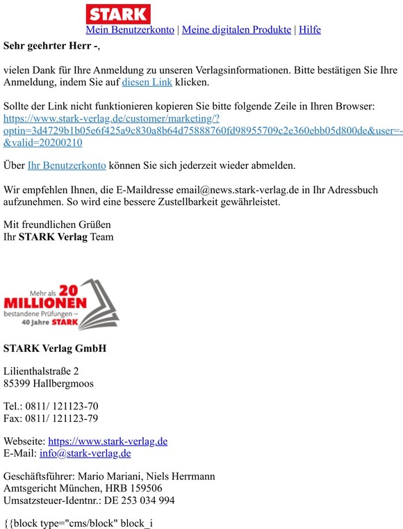 STARK Verlag: Bestätigung für den Empfang von Produkt-Emailings