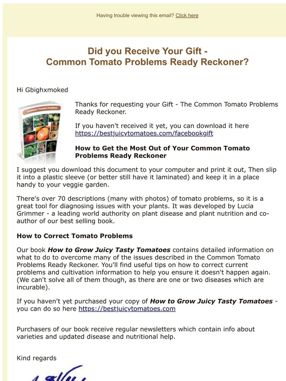 Did you receive your Gift - Common Tomato Problems Ready Reckoner -?