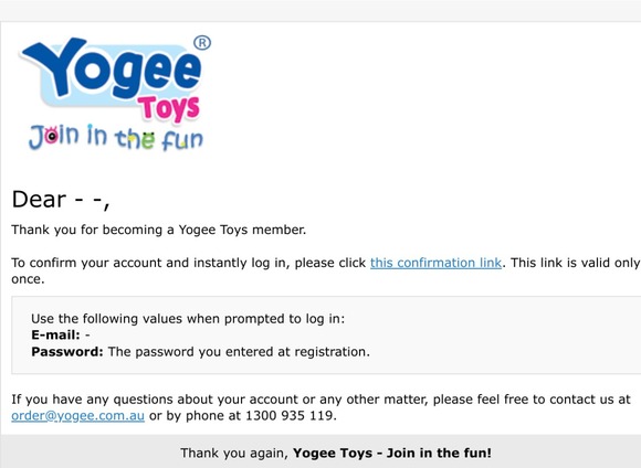--Please confirm your Yogee Toys account