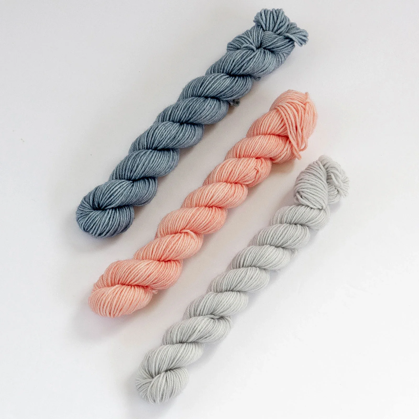 Hand Dyed Sock Yarn Mini Skeins of Merino / Nylon in Coral, Indigo Blue and Gray