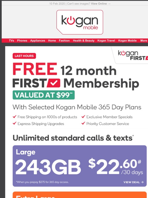 Last Hours FREE 12 Months of Kogan First with Selected 365 Day Prepaid Plans! Milled