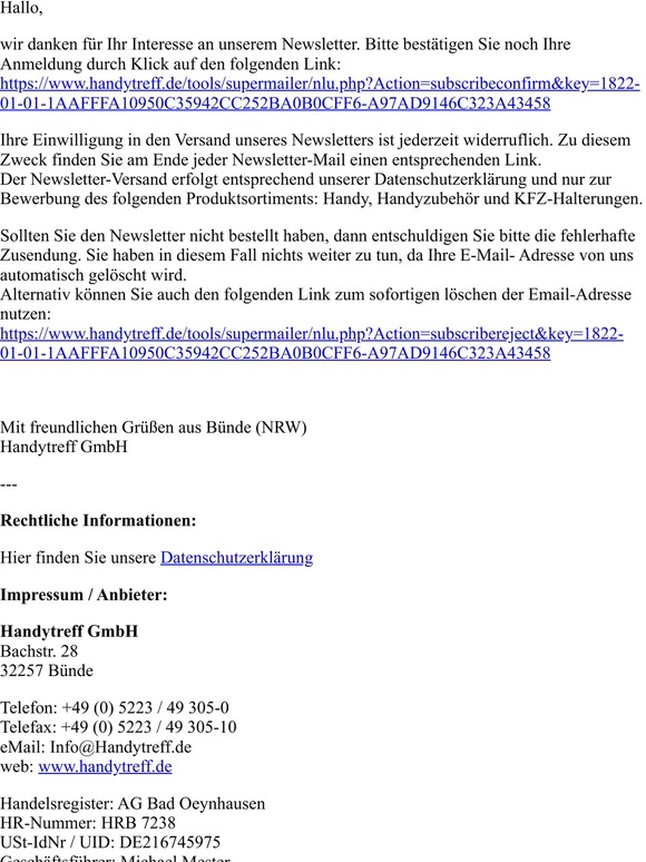 Ihre Anmeldung zu unserem Newsletter: www.handytreff.de