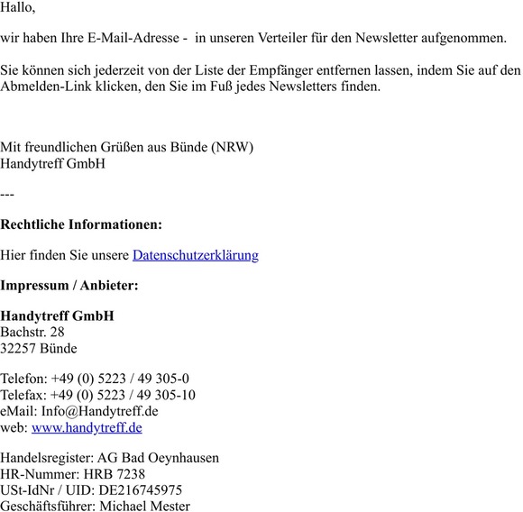 Bestätigung der Anmeldung zum Newsletterverteiler: www.handytreff.de