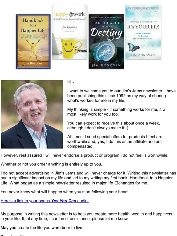 -welcome to Jim Donovan's newsletter for a happier life