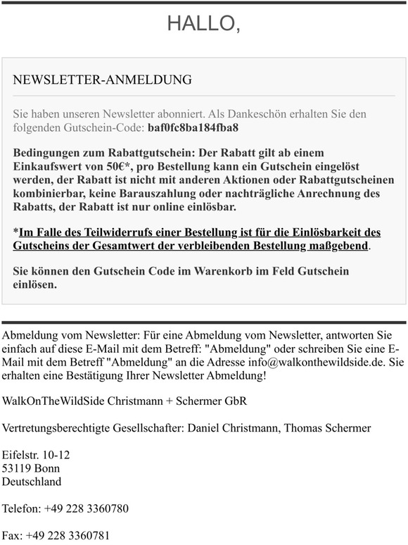[WalkOnTheWildSide] Newsletter-Gutschein