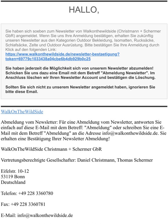[WalkOnTheWildSide] Bestätigungsmail