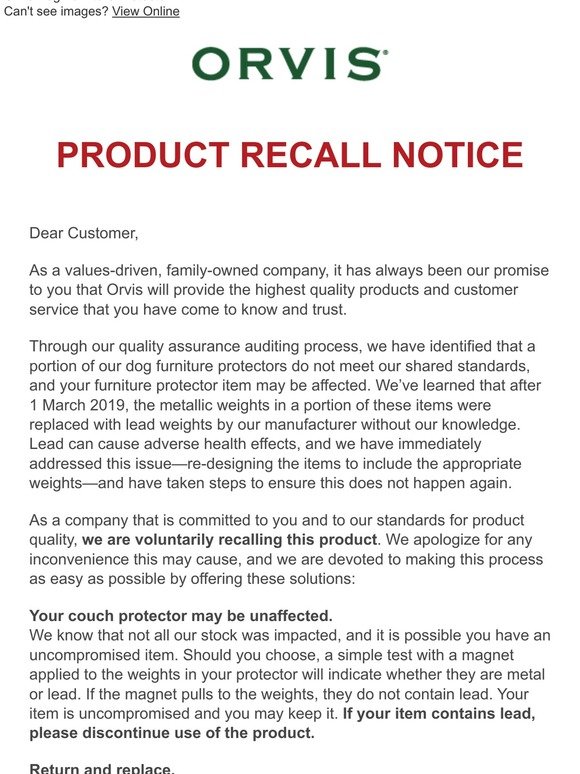 Orvis Product Recall Notice Milled