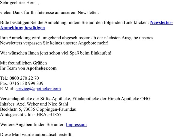 Bestätigung Newsletter-Anmeldung von apotheker.com