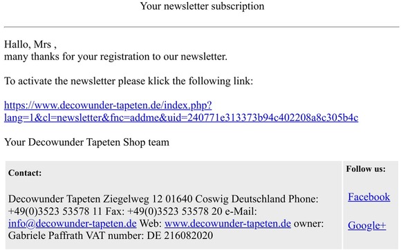 Newsletter Decowunder Tapeten Shop