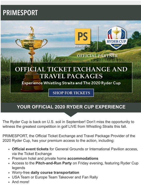 Experience It Live: Official 2020 Ryder Cup Ticket Exchange & Travel Packages