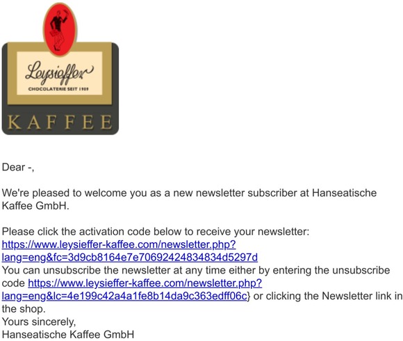 Your Newsletter Activation Key from Hanseatische Kaffee GmbH