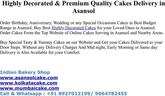 Highly Decorated & Premium Quality Cakes Delivery in Asansol