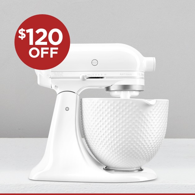 kitchenaid artisan white mixer with hobnail bowl