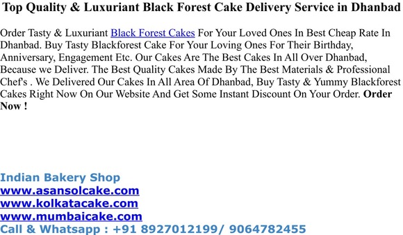 Top Quality & Luxuriant Black Forest Cake Delivery Service in Dhanbad