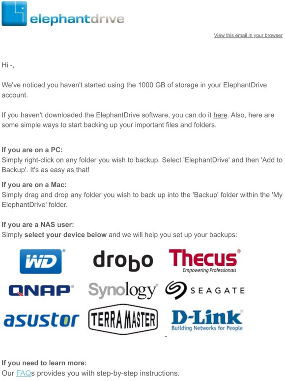 Let us help you back up your important data to ElephantDrive