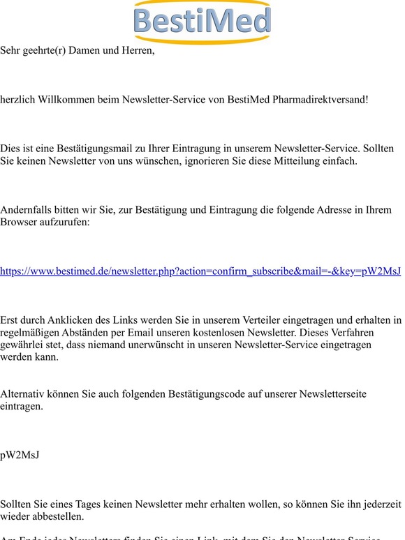 Anmeldung zum Newsletter bei BestiMed Pharmadirektversand