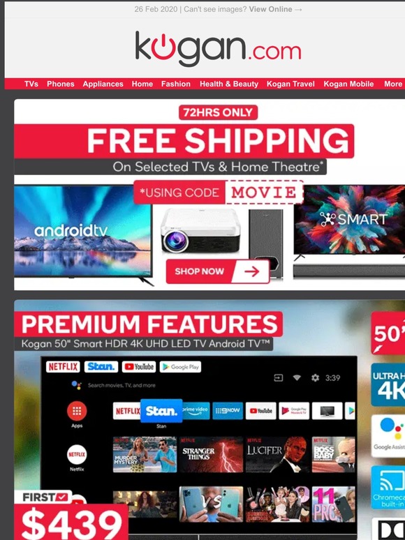 72HR Free Shipping on Selected Kogan TVs & Home Theatre