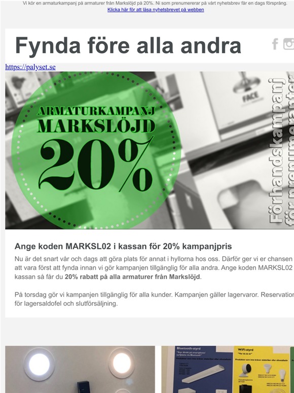 Armaturer från Markslöjd 20% exklusivt för prenumeranter första dagen