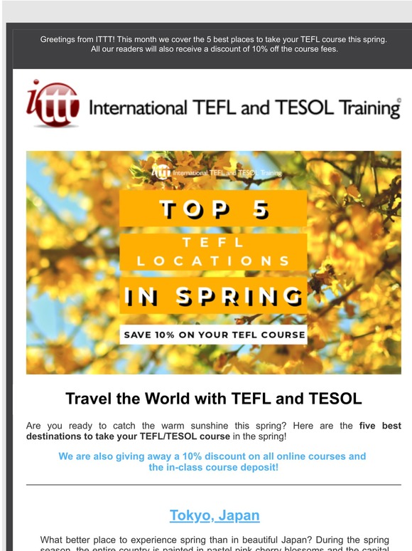 The Top Five Destinations For Your In-Class TEFL Course This Spring + 10% OFF YOUR TEFL COURSE!