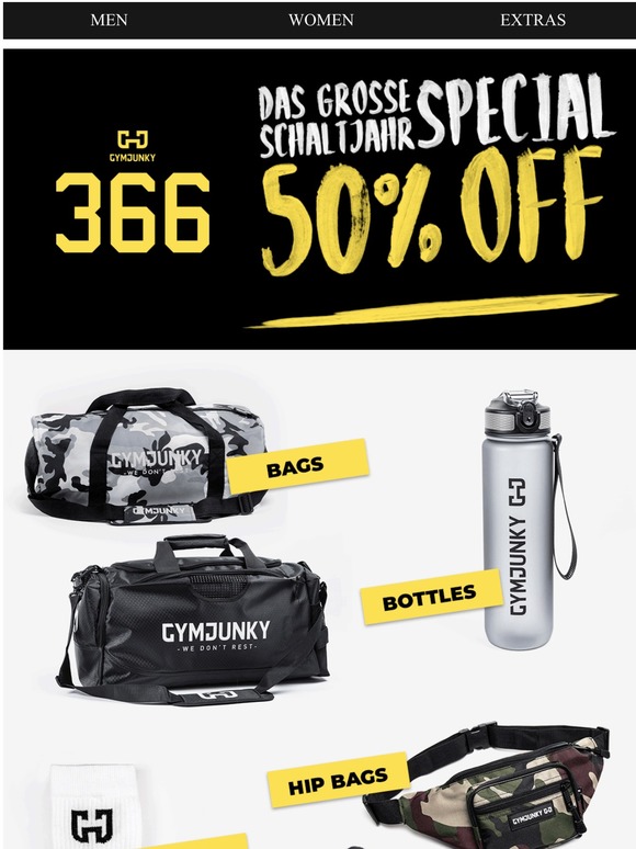 50% auf alles im Gymjunky 366 Schaltjahr Sale.