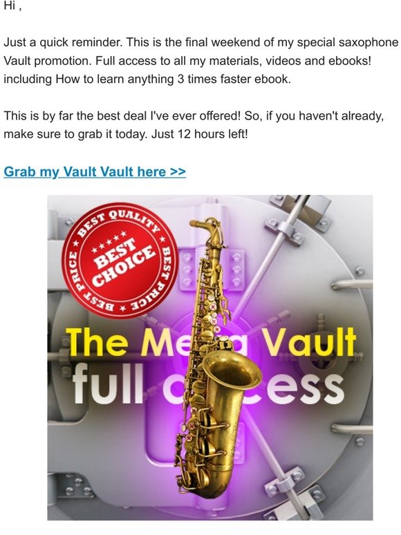 Last chance to grab my saxophone Vault super deal (Full access). Just 12 hours left!