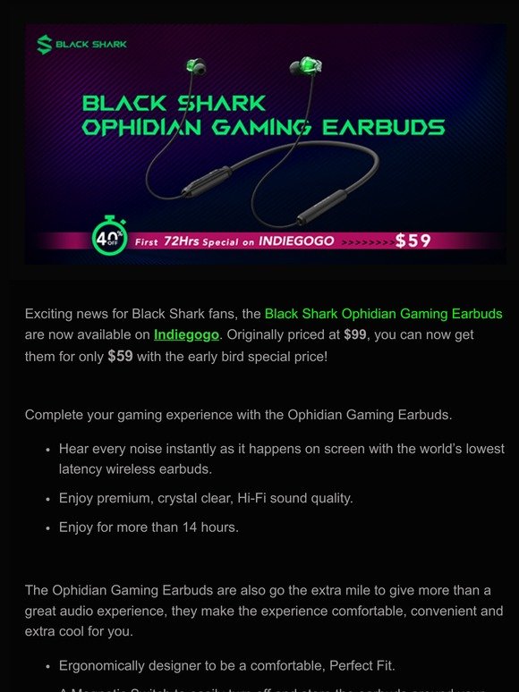 Black Shark Ophidian Gaming Earbuds, now available on Indiegogo!